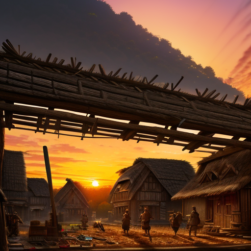 Underneath a vibrant setting sun, the rustic village transforms into a training ground, villagers awkwardly wield tools and farming implements as makeshift weapons, coached by the samurais.